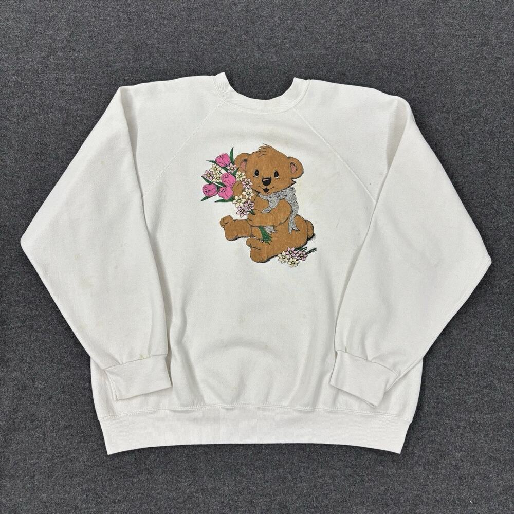 Vintage 80s Mens Large White Sweatshirt Cute Cozy Bears Caring Bouquet Flowers